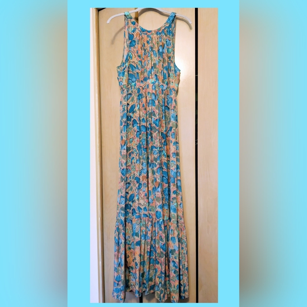 Anthropologie Plenty by Tracy Reese watercolor floral teal silk halter maxi dres